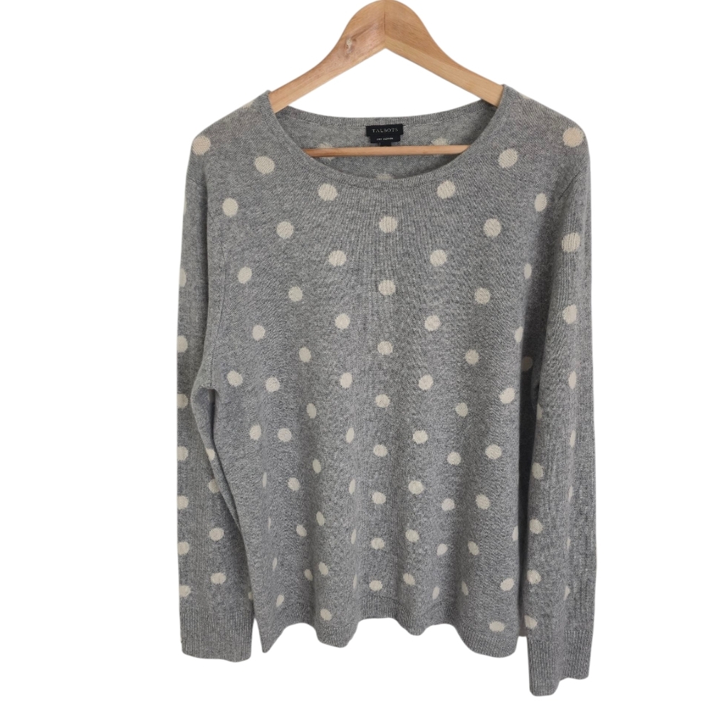 Talbots Pure Cashmere SweaterPolka Dot Grey White Button Cuff Size XL